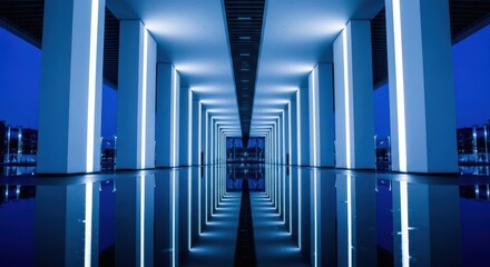 Naklejka na ściany i meble A futuristic blue corridor with glowing lights and reflections, creating a sense of depth and modernity