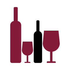 Bottle and glass set flat black and dark red shape icon set vector illustration, wine, water logo, banner or backgraund
