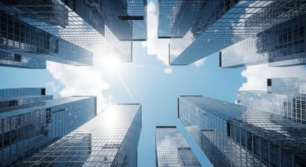 Naklejka na ściany i meble Looking up at a cluster of modern skyscrapers with glass facades, reflecting the blue sky and clouds, creating a sense of urban grandeur