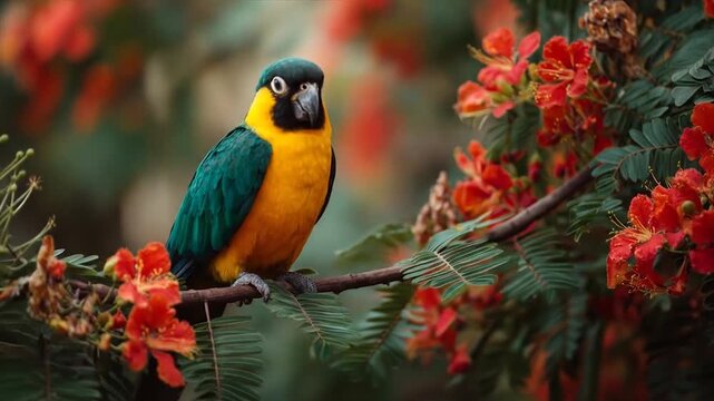 A vibrant parrot perches amidst a profusion of fiery red blossoms.