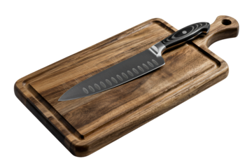 Chef's knife resting on rustic wooden cutting board, ready to prepare