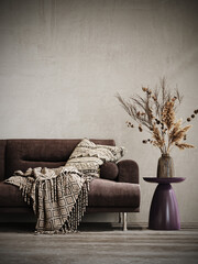 Modern interior design. Sofa with dry plant decoration on concrete wall background. 3D Rendering, 3D Illustration