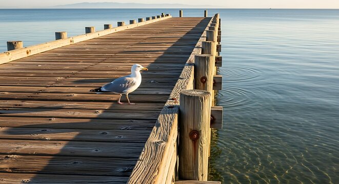 Seagull on a wooden pier overlooking the ocean at sunrise.