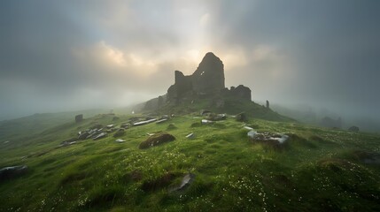 Obraz premium Ancient Stone Ruins on Misty Green Hillside at Sunrise