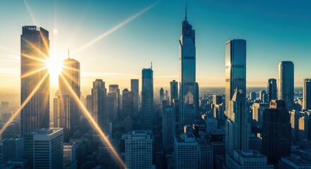 Sunlight shines through skyscrapers in a modern city skyline at sunrise, creating a bright and optimistic urban landscape