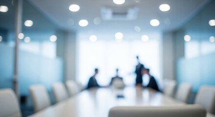 Naklejka na ściany i meble Blurred image of a modern conference room with a long table and chairs, silhouettes of people in a meeting