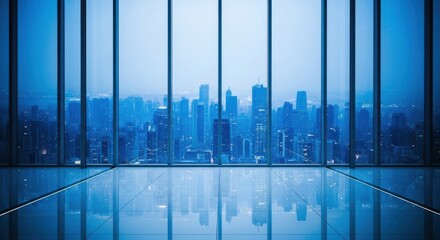 Naklejka na ściany i meble Modern office interior with a panoramic view of a city skyline through large glass windows, reflecting on the polished floor