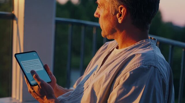 Senior man relaxing on a balcony, reading a digital e book on a tablet during golden hour, enjoying leisure time and modern technology in a peaceful outdoor setting