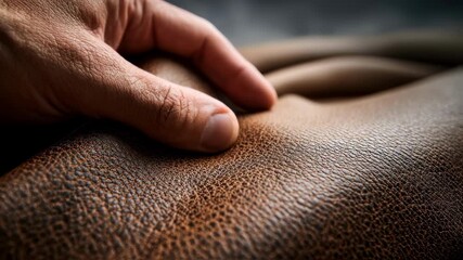 Closeup of a hand gently touching the textured surface of durable leather upholstery fabric with blurred background highlighting material quality and finish.