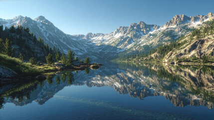 Sunset on a Beautiful mountain calm lake that creates a perfect a reflection. Small amount of snow left on the peaks of the mountains