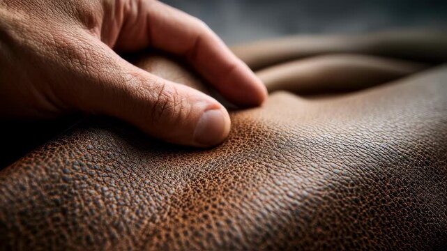 Closeup of a hand gently touching the textured surface of durable leather upholstery fabric with blurred background highlighting material quality and finish.