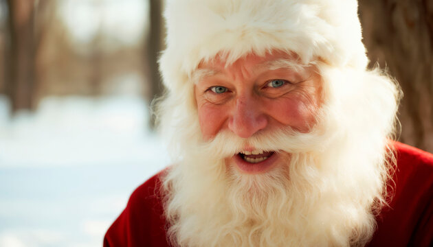 A cheerful and cunning Santa smiles charmingly and winks cheerfull. Christmas Eve, magic
