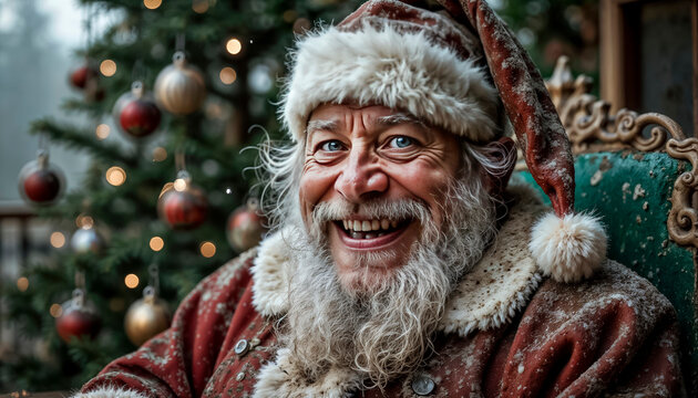 A cheerful and cunning Santa smiles charmingly and winks cheerfull. Christmas Eve, magic