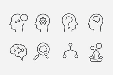 Linear icon set about mind and cognition: brain, gear, meditation, analysis, connections, and questioning. Minimalist, perfect for psychology, wellness, education, and artificial intelligence projects