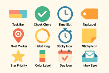 Colorful icon set: task bar, check circle, time slot, tag label, goal marker, habit ring, star priority