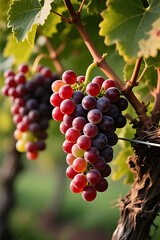 Fototapeta premium Ripe Red Grapes on Vine – Sunlit Harvest in the Vineyard