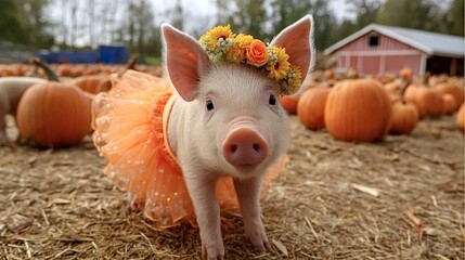 Piglet standing in a pumpkin patch, dressed in a festive orange tutu and a cheerful floral crown, surrounded by numerous orange pumpkins and dry straw with a traditional red barn in the background