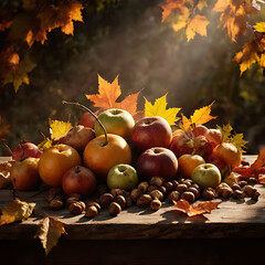 Autumn Harvest Bounty with Apples, Nuts and Leaves – Golden Fall Still Life