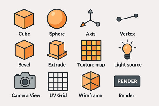 3d modeling icons: cube, sphere, axis, vertex, bevel, extrude, texture map, light source
