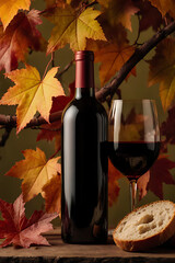 Red Wine Bottle with Fresh Bread and Autumn Leaves &ndash; Cozy Fall Still Life