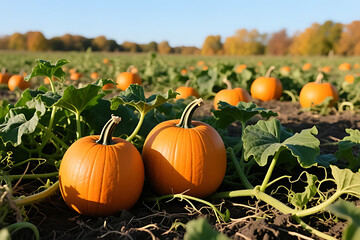 Obraz premium Pumpkin Field Under Blue Sky – Autumn Harvest in the Countryside