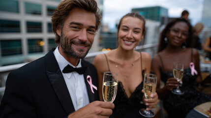 A joyful gathering of friends clinking glasses, celebrating moments of happiness and connection at a sophisticated event, reflecting the spirit of unity.