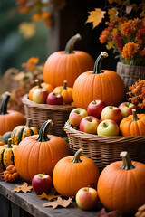 Pumpkins and Apples on Wooden Table – Classic Autumn Harvest Still Life