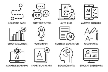 Ai tools icons: learning path, chatbot tutor, auto quiz, answer checker, study analytics