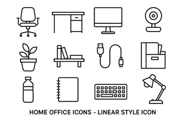 Linear style home office icons set: desk, chair, computer, lamp, keyboard, plant