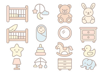 Cute pastel baby room icons featuring crib, toys, and nursery decor elements