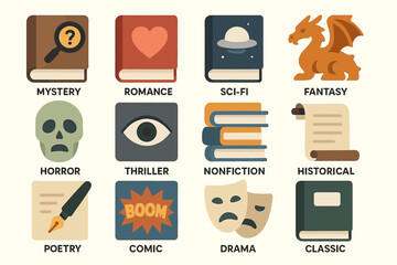 Illustrated icons representing various book genres including mystery, fantasy, and romance