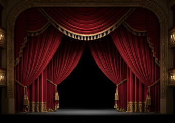 Elegant theater stage with red velvet curtains ready for product display and presentation