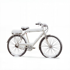 Bicycle covered in snow against a white background in winter  