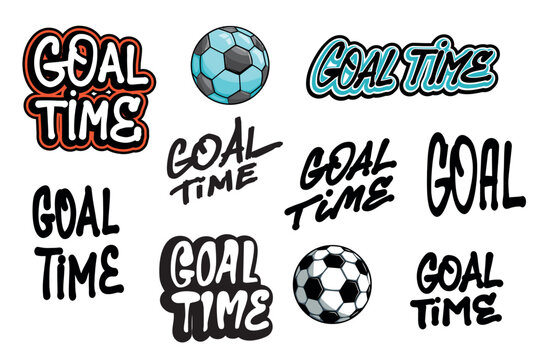Set of sporty “Goal Time” lettering designs with football balls. Bold hand-drawn style, cartoon and graffiti vibe. Perfect for stickers, t-shirts, sports prints, and kids apparel.
