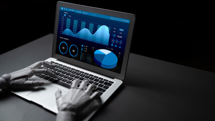 A robotic hand interacts with a laptop showcasing intricate data visualization. The modern interface highlights analytics and statistics in a dark-themed workspace. Impute