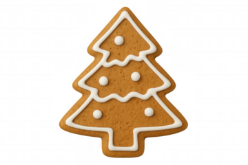 Gingerbread christmas tree cookie with white icing decoration for holiday baking and sweet dessert