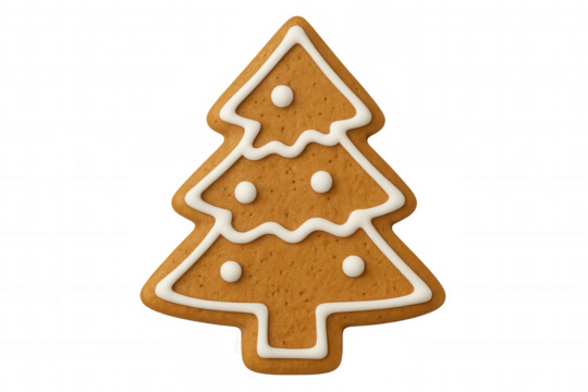Gingerbread christmas tree cookie with white icing decoration for holiday baking and sweet dessert