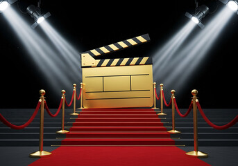 Grand entrance red carpet stage with spotlight and golden clapperboard for premieres