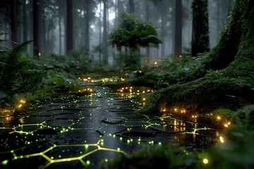 Digital forest floor bio neural grid lighting up beneath moss futuristic ecology ecosystem art soft overhead lighting