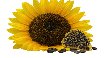 Extreme macro of a vibrant yellow sunflower with a cut-out exposing glistening black seeds, pollen-dusted petals, and scattered kernels on a transparent studio background, cinematic nature study
