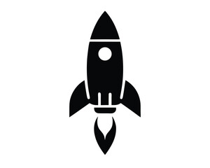 Simple black and white rocket icon launching upwards illustration