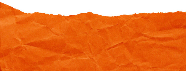 Ripped edge of bright orange crumpled paper, isolated textured scrap for collage in autumn colors