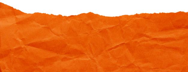 Ripped edge of bright orange crumpled paper, isolated textured scrap for collage in autumn colors