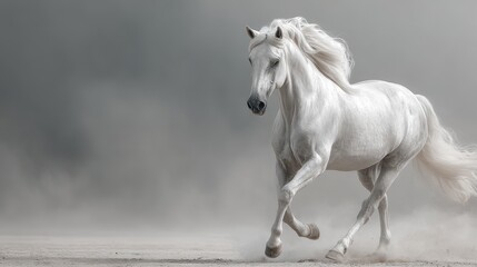 Fototapeta premium White horse galloping through dust in a serene landscape under cloudy skies
