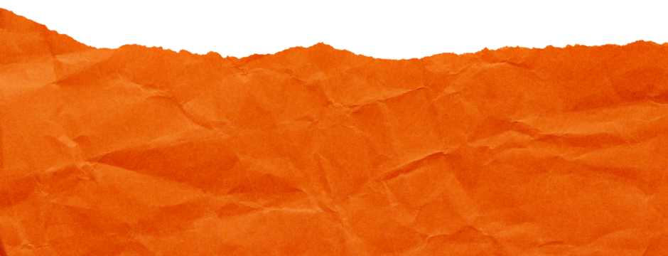 Ripped edge of bright orange crumpled paper, isolated textured scrap for collage in autumn colors