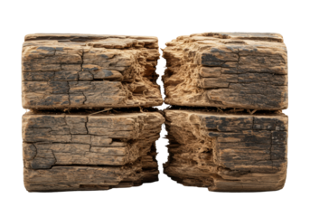 A deeply fractured, weathered old wood plank, split open revealing raw lighter interior grain, contrasting parched exterior on transparent background, strong directional light. Stark beauty in decay