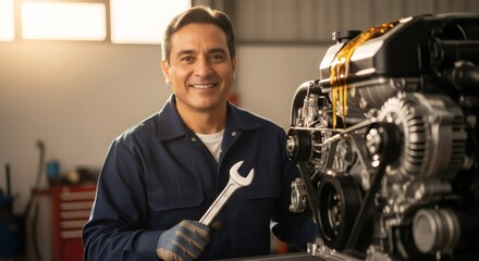 A professional Hispanic mechanic holds a wrench and smiles while working on a car engine. Portrait of a skilled auto technician in a garage. Automotive repair and maintenance service.