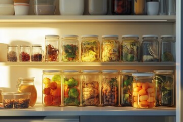organized fridge with glass meal prep containers