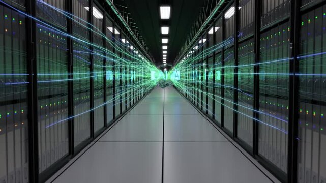 3d rendered animation of a datacenter with an abstract AI object in the center being built up.