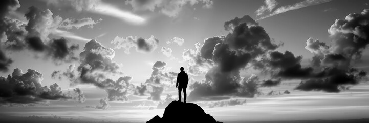 Silhouette of a person standing on a rock against a dramatic sky
